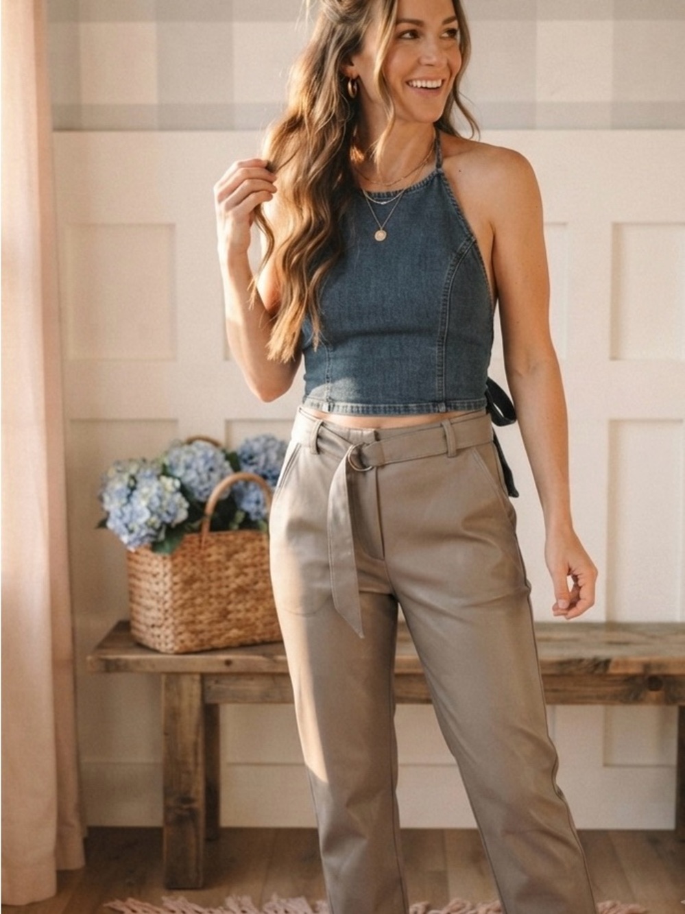 Babaton Beige High-Rise Belted Trousers 8